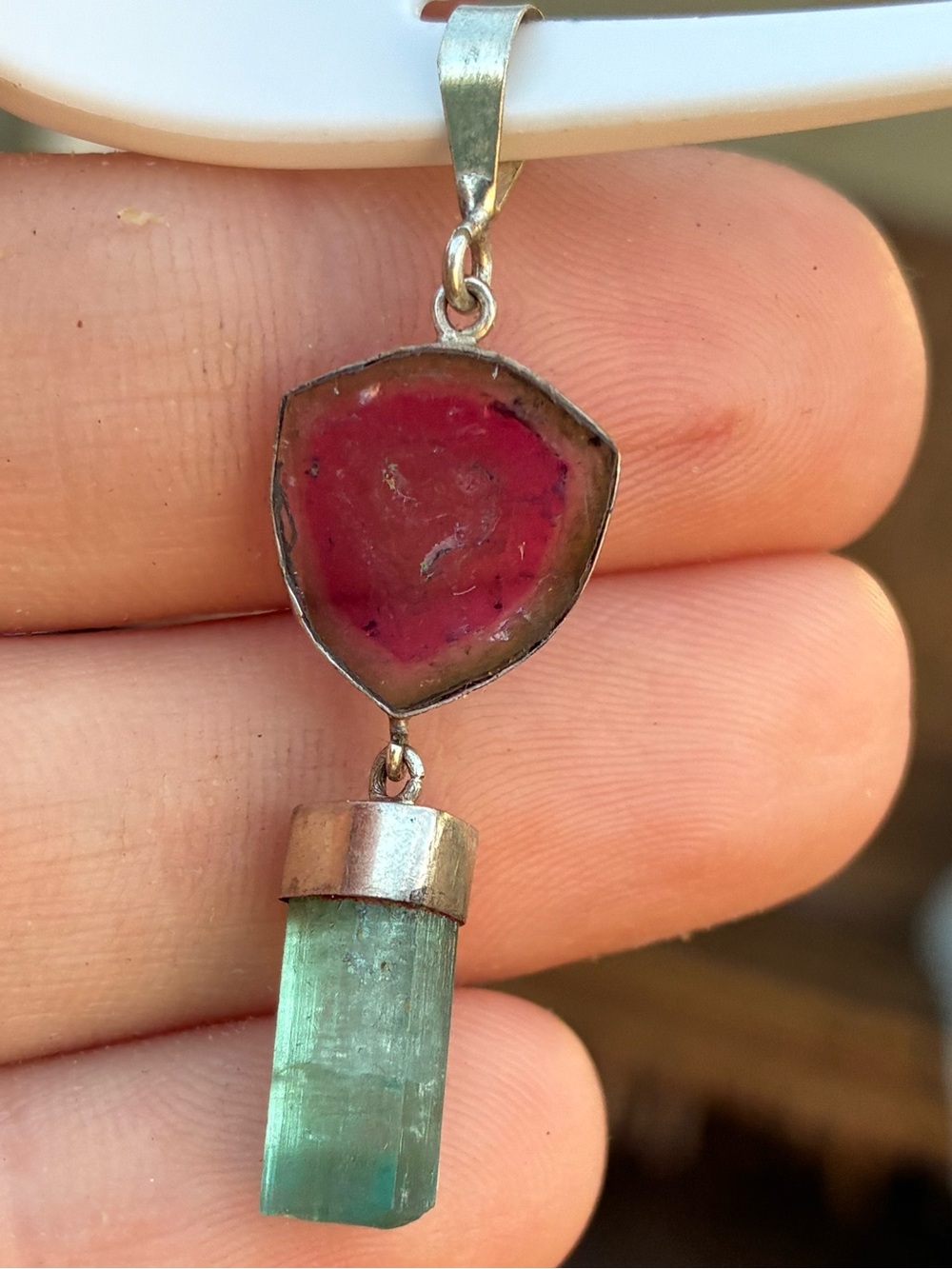 Rare watermelon tourmaline slice/indcolite stick pendant